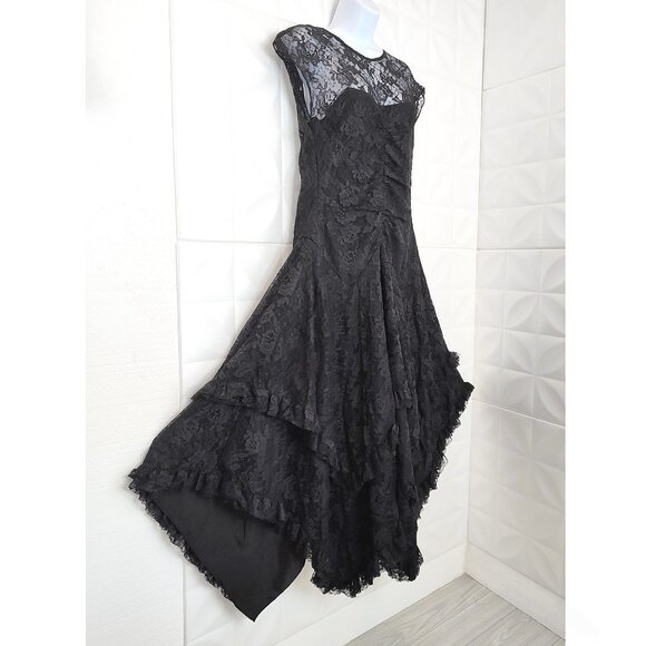 Vintage 80s-90s Black Lace Dress Fredericks Hollywood Handkerchief Goth Prom L - Picture 6 of 17